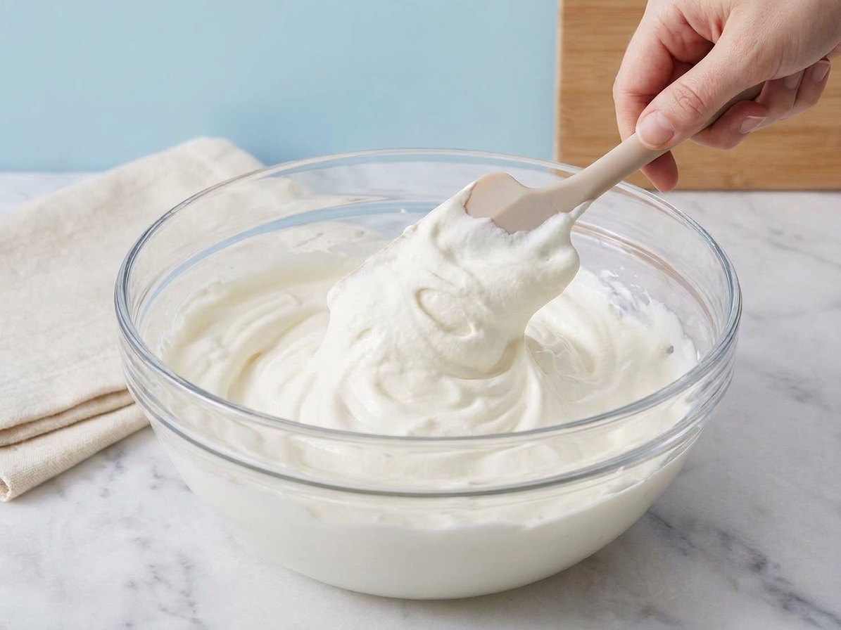 A bowl of creamy no bake cheesecake filling being gently folded together until light and fluffy