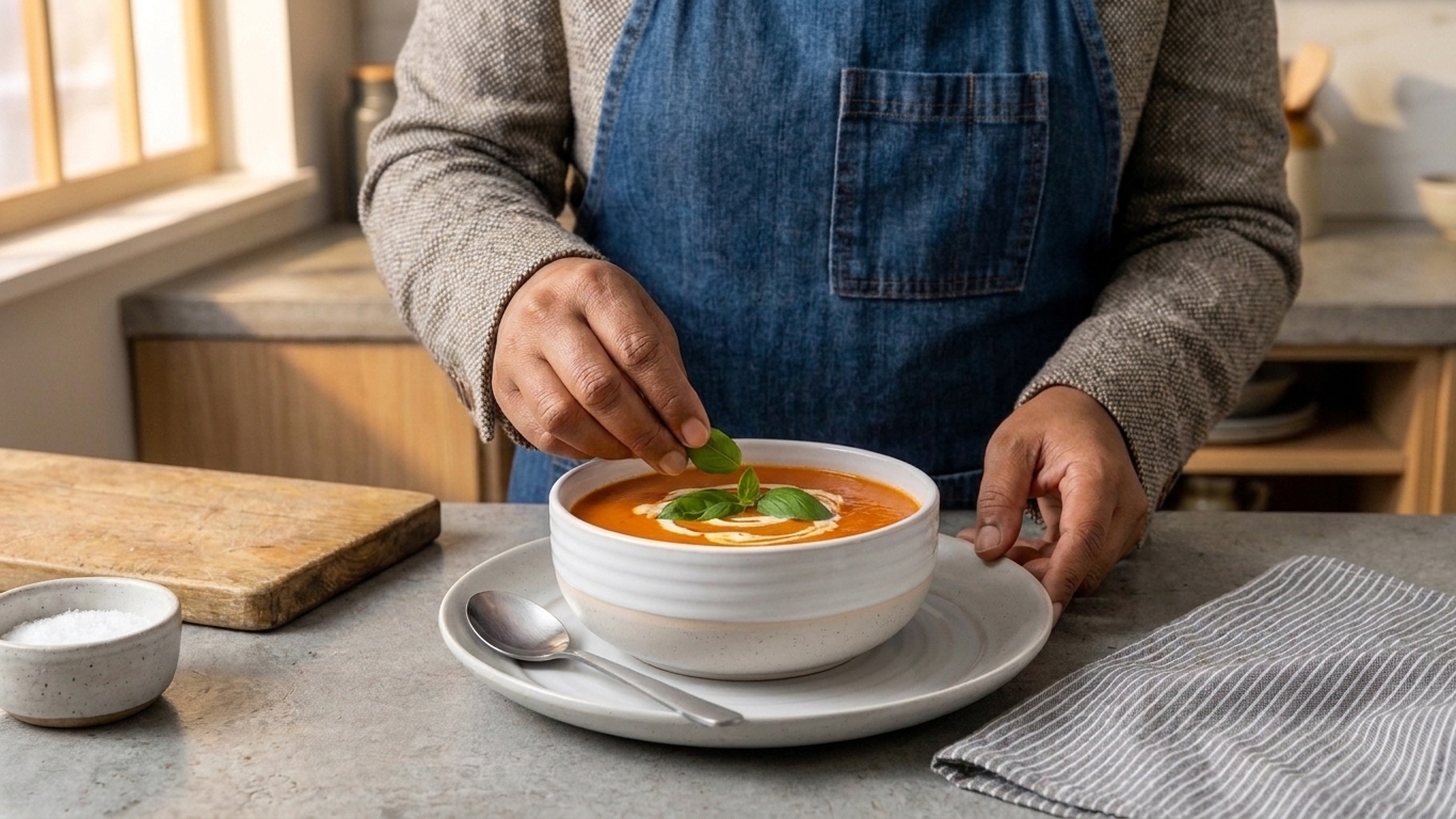 A bowl of creamy roasted tomato soup topped with a swirl of cream and fresh basil leaves