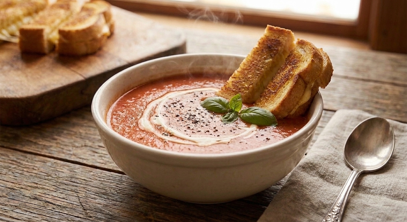 A bowl of creamy tomato soup on a wooden table with several grilled cheese dippers resting on the rim, steam rising in warm kitchen light