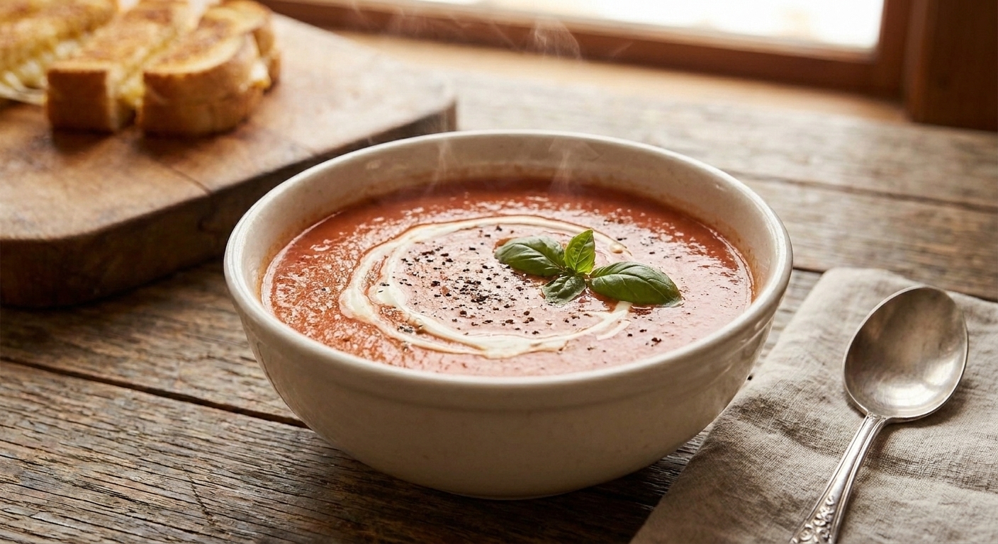 A bowl of creamy tomato soup with a swirl of cream and cracked black pepper on top