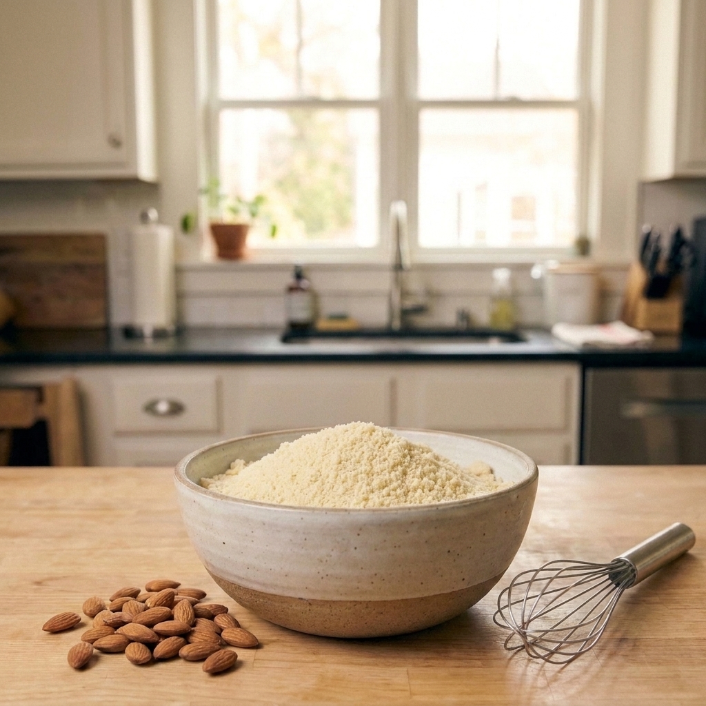 A bowl of finely ground almond flour next to whole almonds and a whisk on a kitchen counter