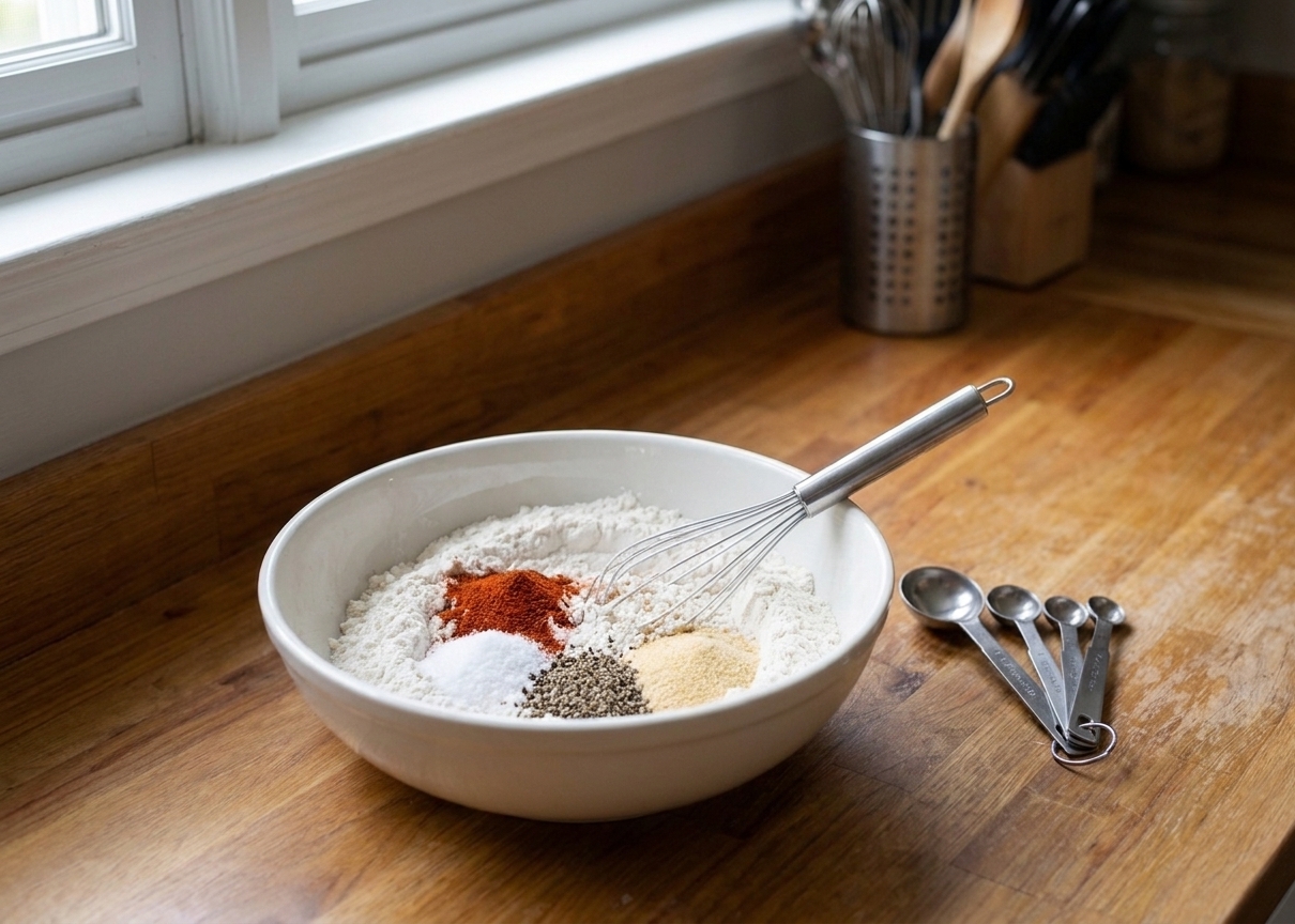 A bowl of flour being mixed with paprika, salt, pepper, and garlic powder on a kitchen counter with measuring spoons nearby