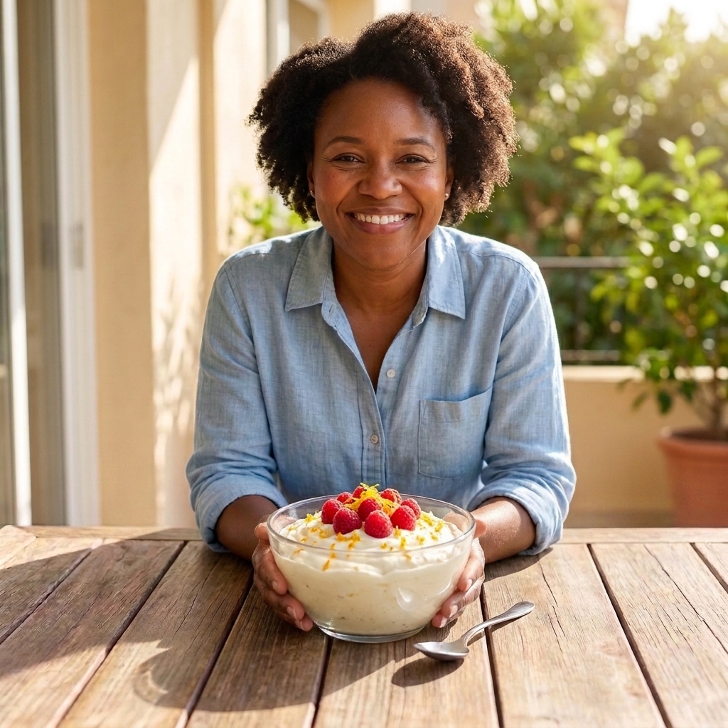 A bowl of fluffy cheesecake mousse topped with fresh raspberries and a sprinkle of citrus zest