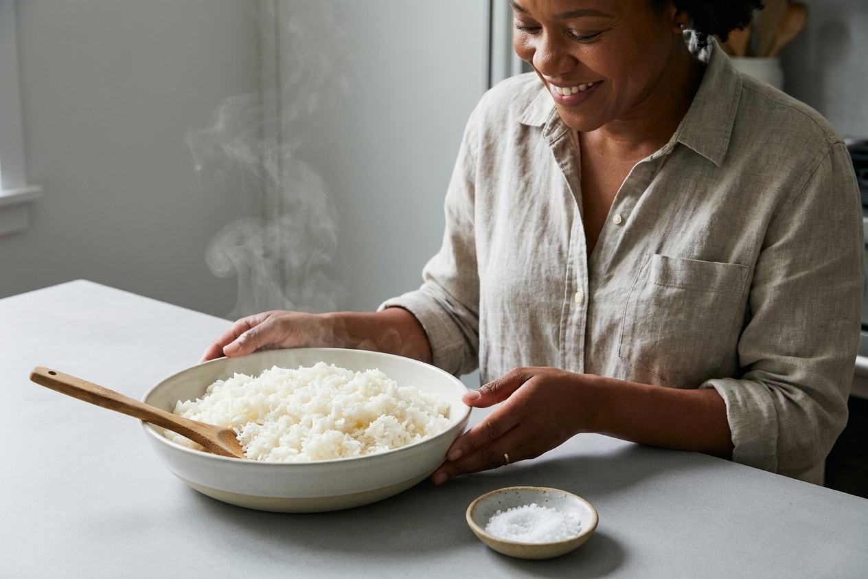 A bowl of fluffy cooked white rice on a kitchen counter with a wooden spoon and a small dish of salt nearby