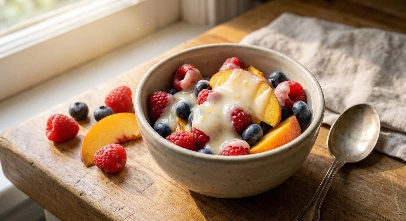 A bowl of fresh berries and sliced peaches with a glossy drizzle of fruity condensed milk on top