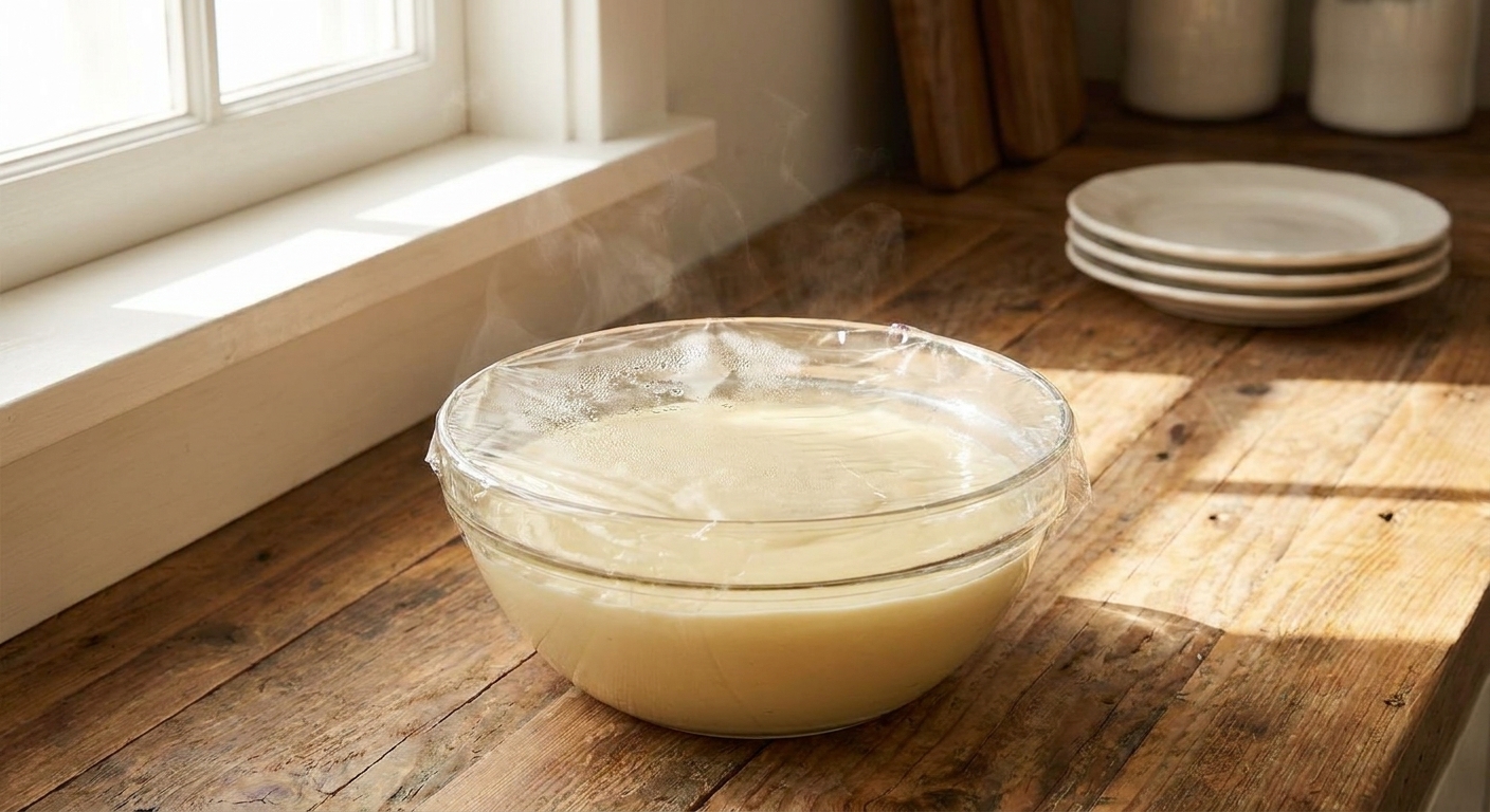 A bowl of freshly cooked vanilla pudding with plastic wrap pressed directly onto the surface to prevent a skin