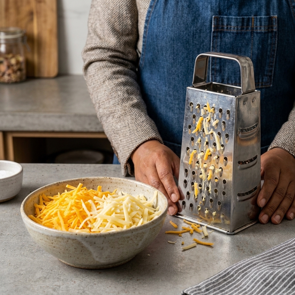 A bowl of freshly shredded cheddar and gruyere cheese on a kitchen counter with a box grater