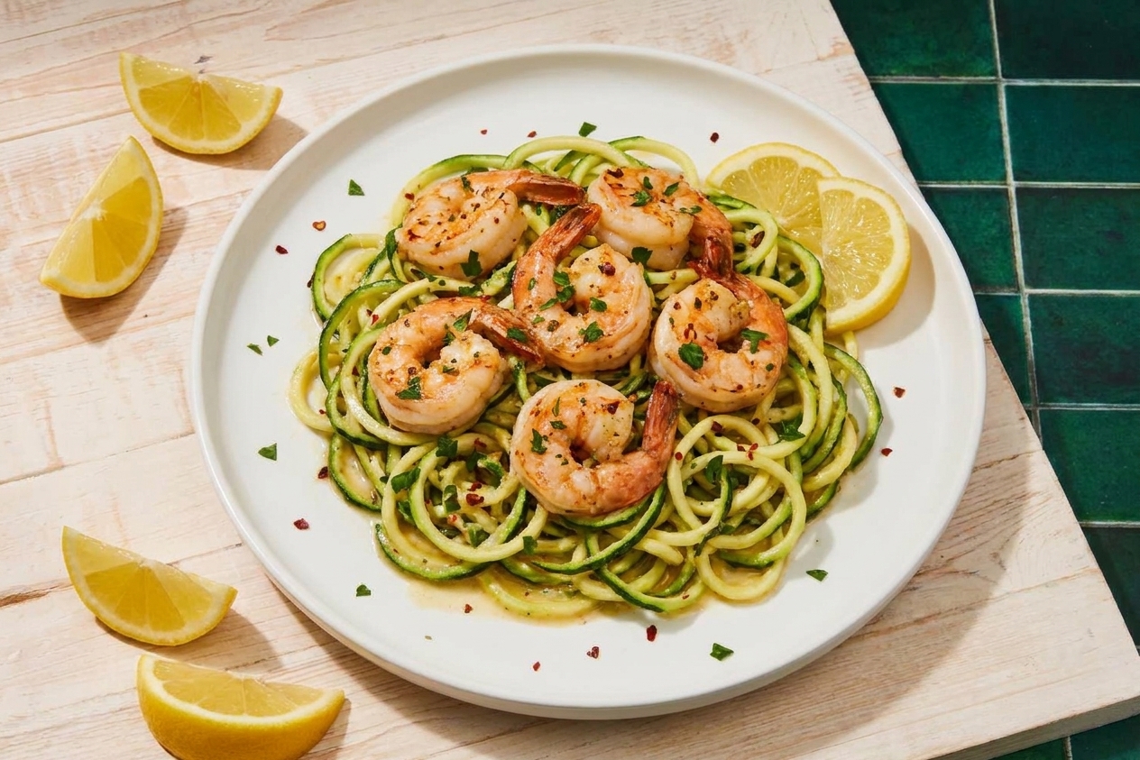 A bowl of garlic butter shrimp over zucchini noodles with lemon wedges on a white plate