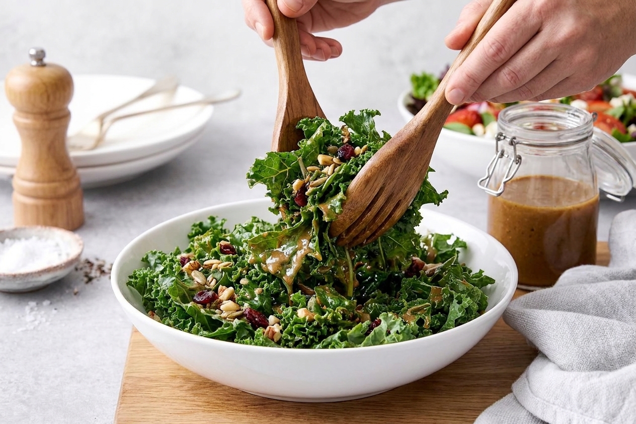 A bowl of kale salad being tossed with balsamic vinaigrette using salad tongs on a wooden counter