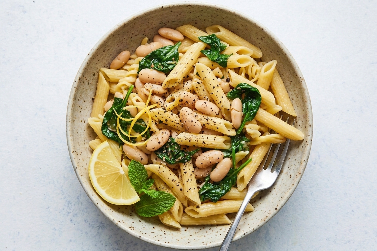 A bowl of lemony pasta tossed with cannellini beans and wilted spinach, finished with black pepper