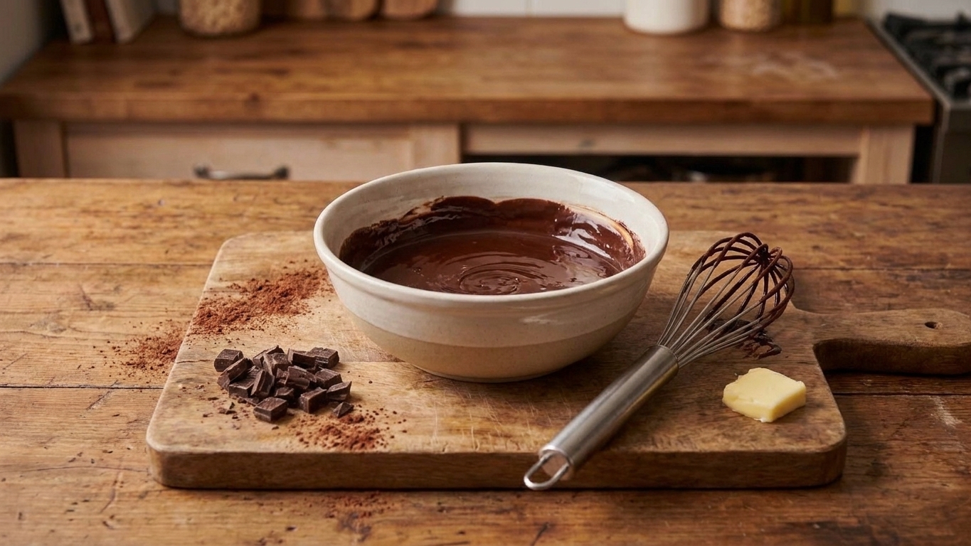 A bowl of melted chocolate and butter on a wooden cutting board with a whisk nearby