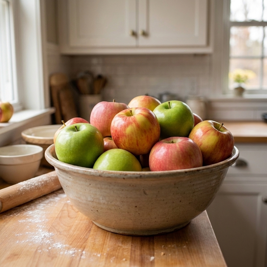 A bowl of mixed pie apples including Granny Smith, Honeycrisp, and Pink Lady on a kitchen counter with natural window light