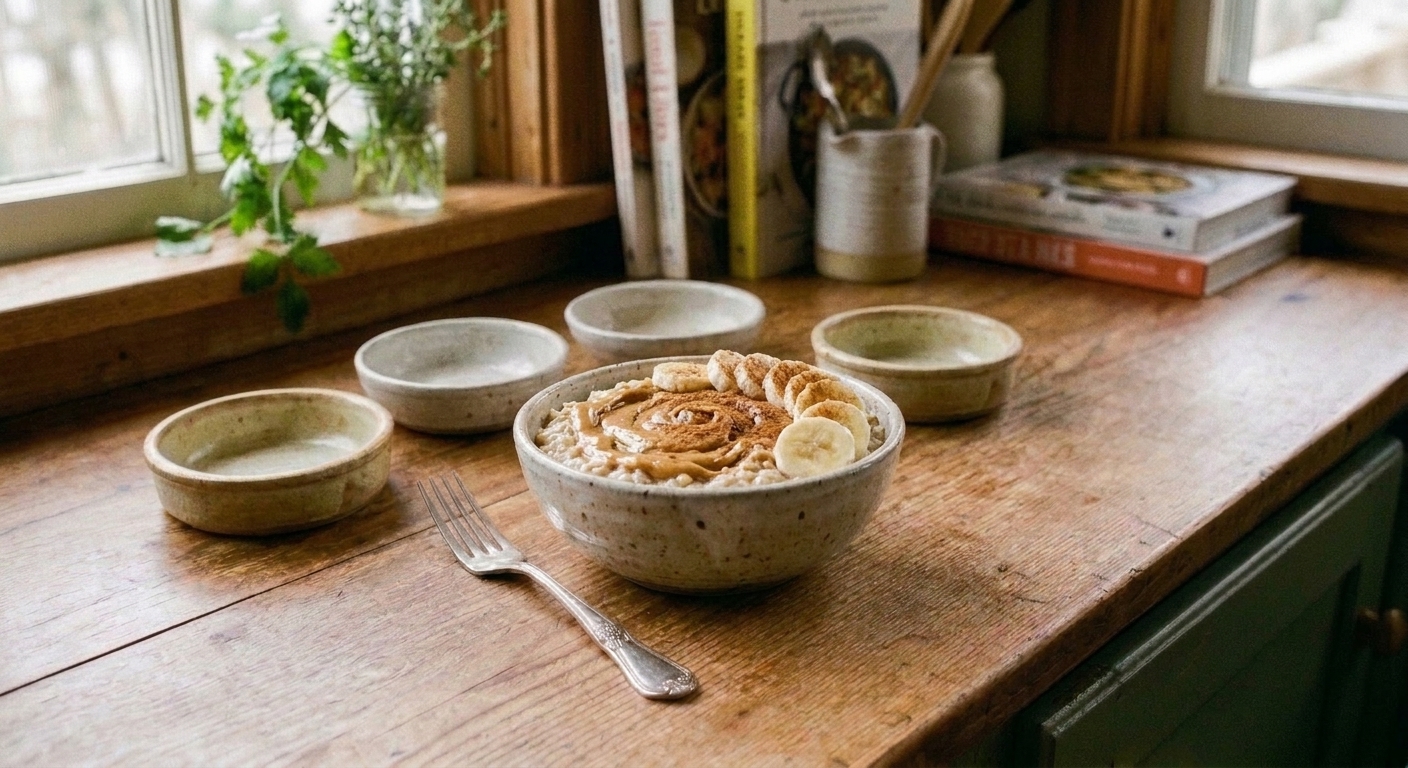 A bowl of oatmeal swirled with peanut butter and topped with banana slices and a sprinkle of cinnamon