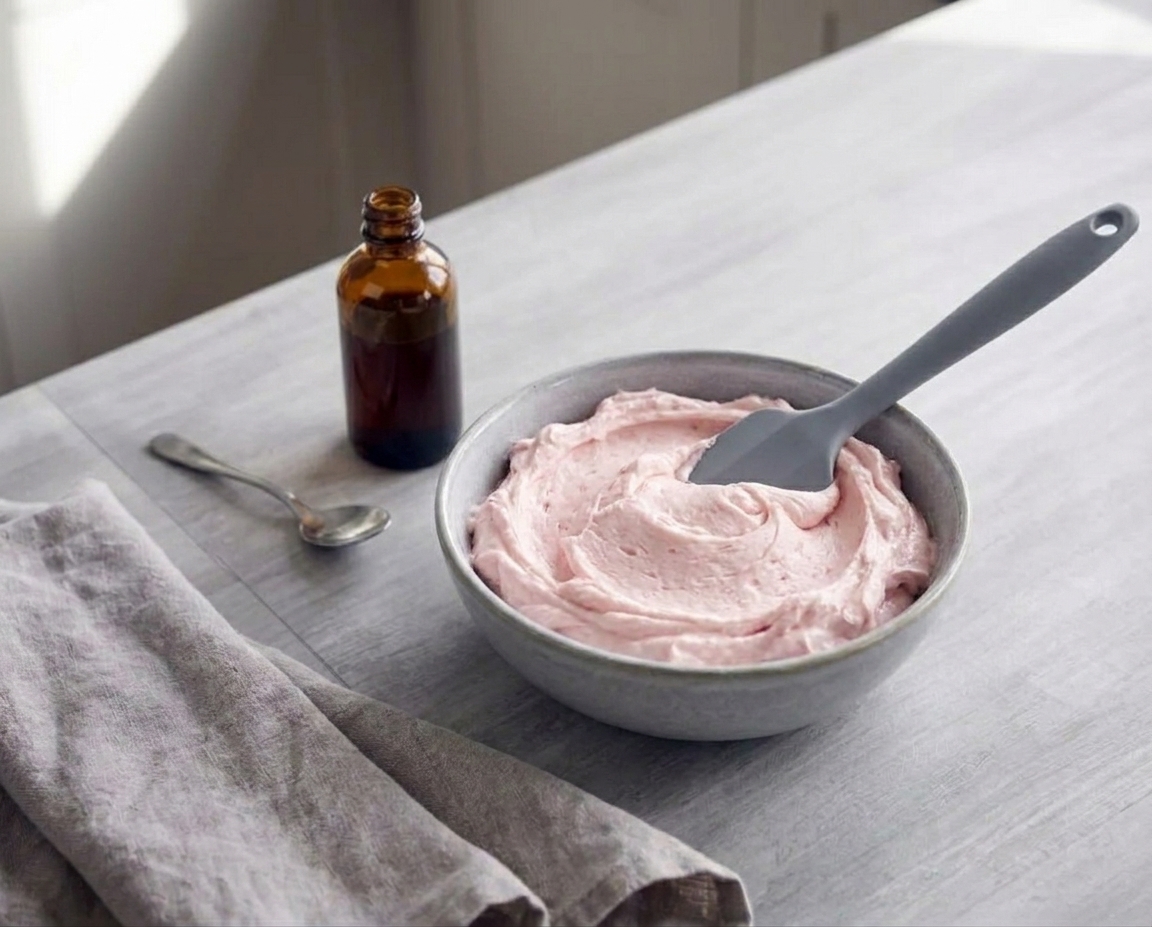 A bowl of pale pink buttercream with a rubber spatula resting inside on a clean kitchen counter