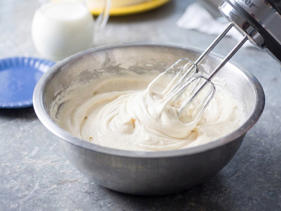 A bowl of pale vanilla buttercream being whipped with a hand mixer until smooth and fluffy