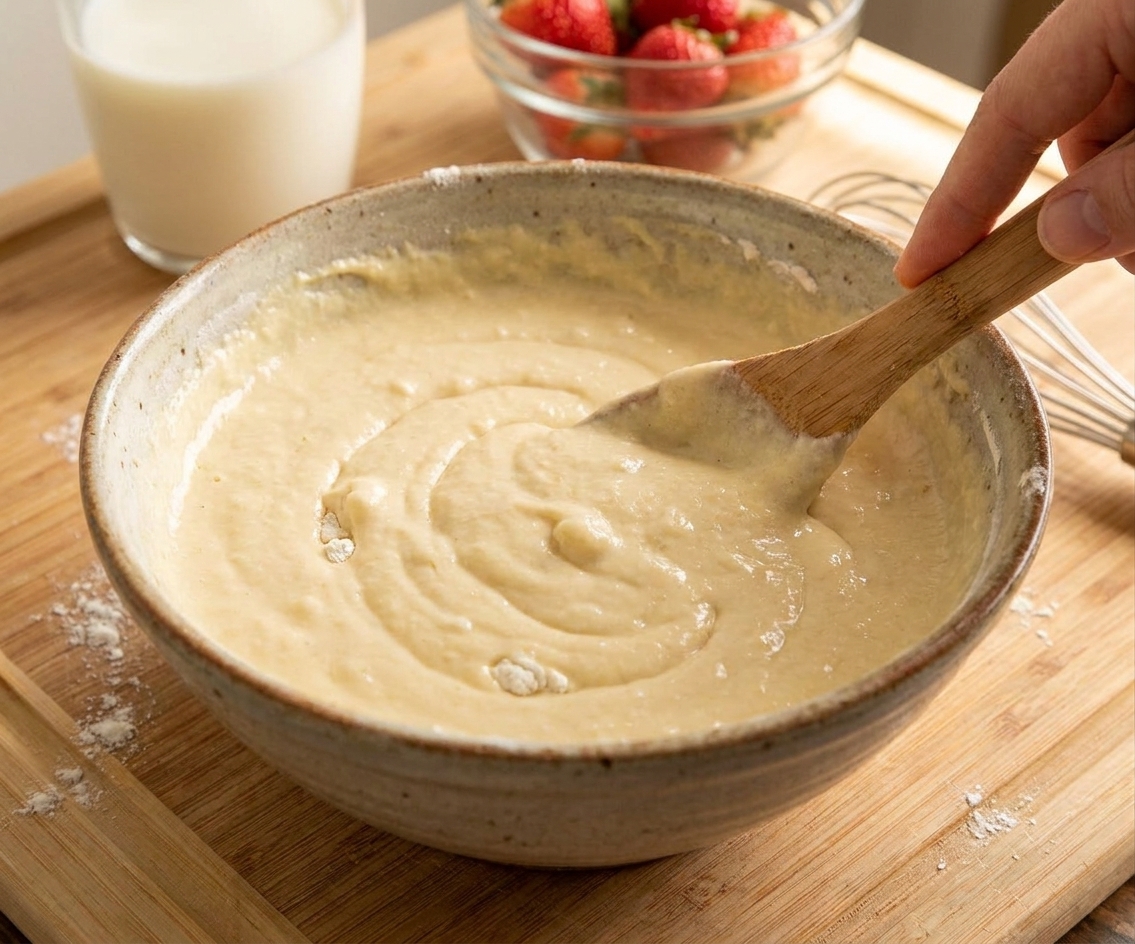 A bowl of pancake batter being stirred gently, with a few visible lumps and a thick, pourable texture
