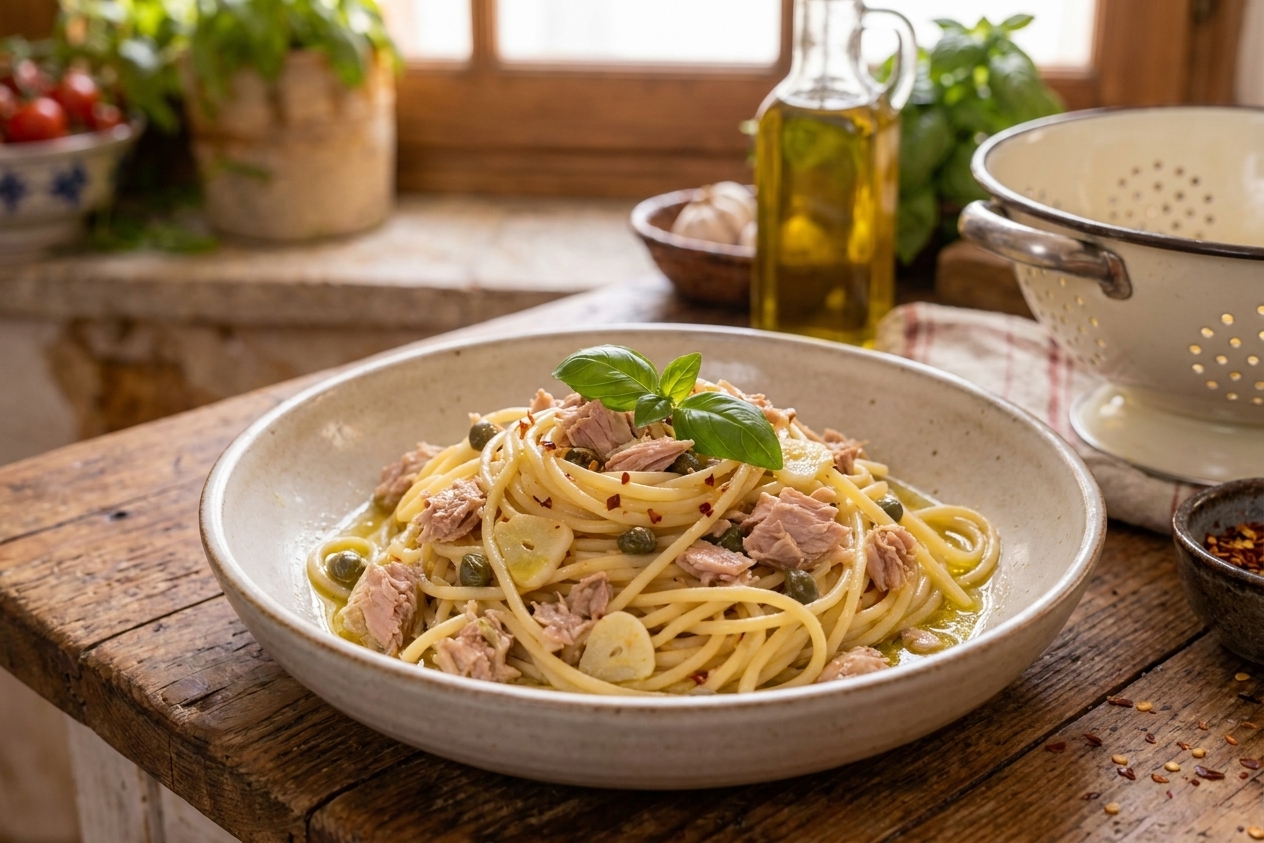 A bowl of pasta tossed with flaked tuna, capers, and a light garlicky sauce