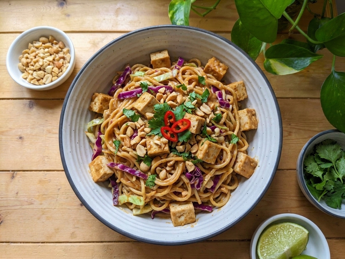 A bowl of peanut noodle salad with cubes of tofu, shredded cabbage, and chopped peanuts
