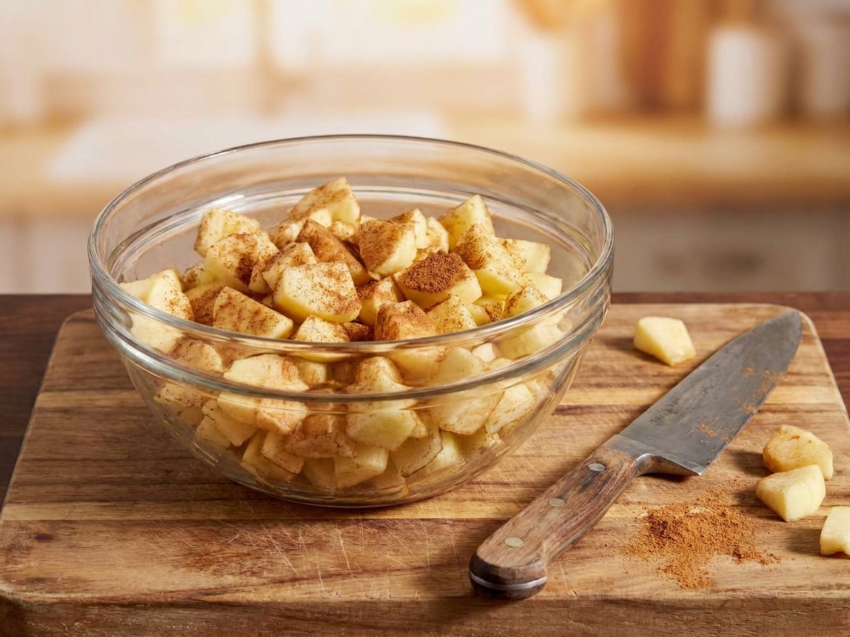 A bowl of peeled diced apples tossed with cinnamon on a wooden cutting board next to a chef's knife