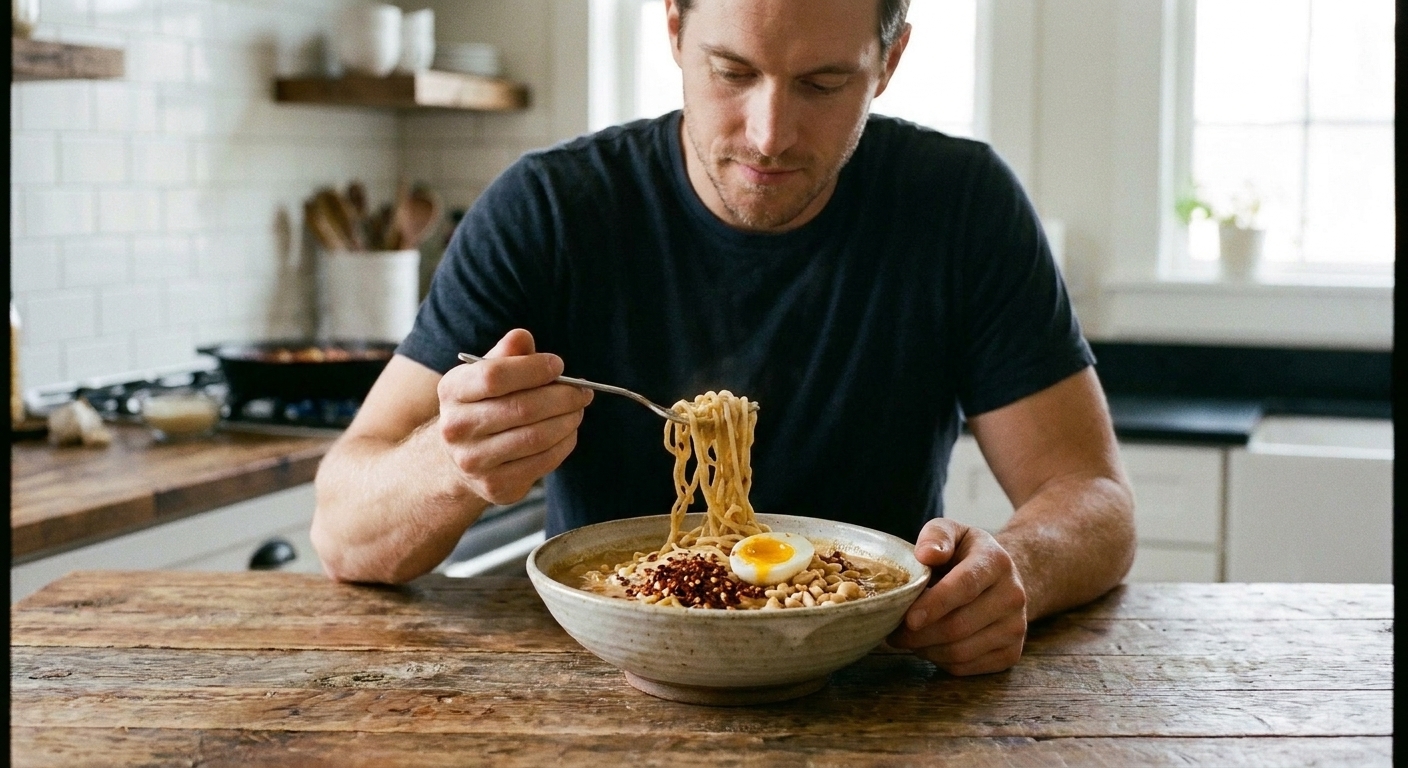 A bowl of ramen noodles coated in a creamy peanut sauce topped with a halved soft-boiled egg and chili flakes on a wooden table