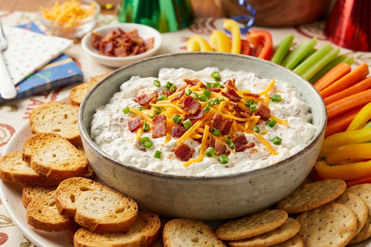 A bowl of ranch dip topped with crumbled bacon, shredded cheddar, and sliced green onions on a party table