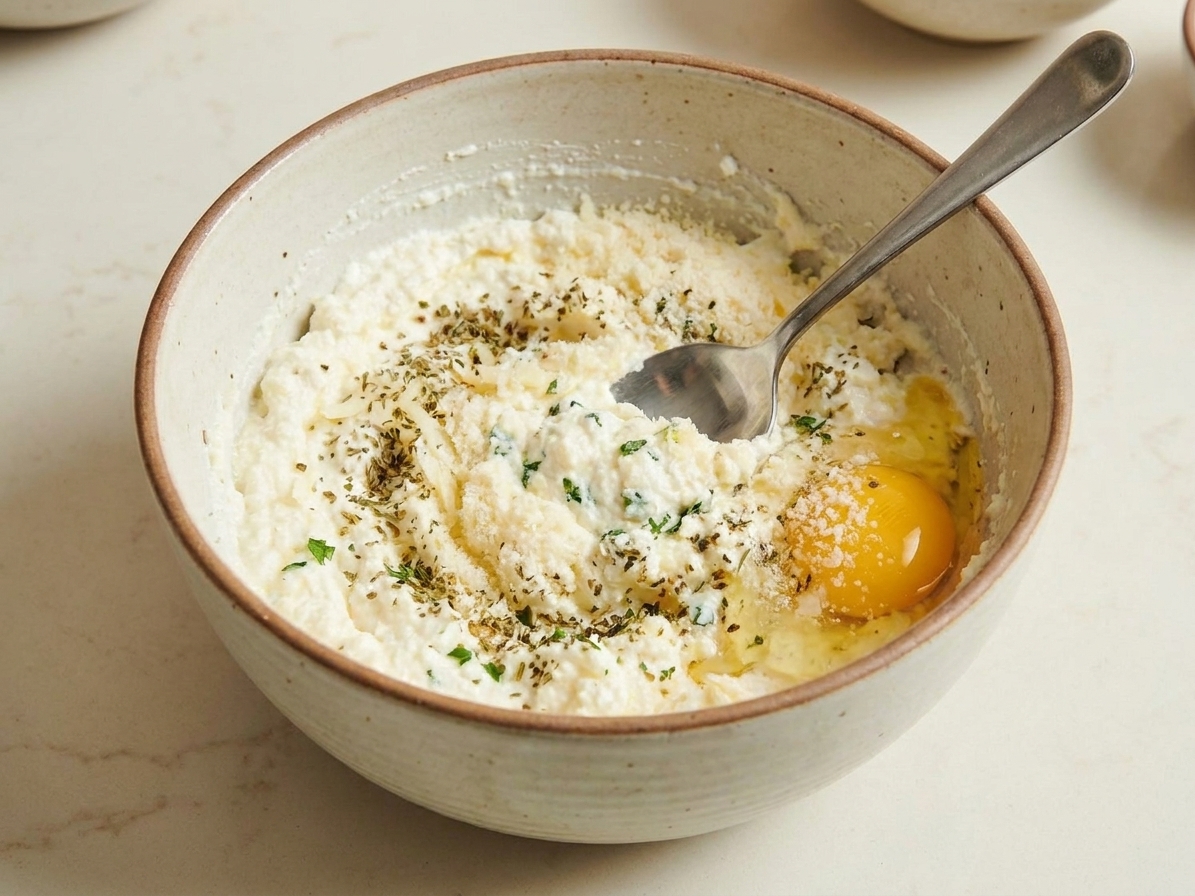 A bowl of ricotta mixed with Parmesan, egg, and seasonings, with a spoon resting in the creamy mixture on a kitchen counter