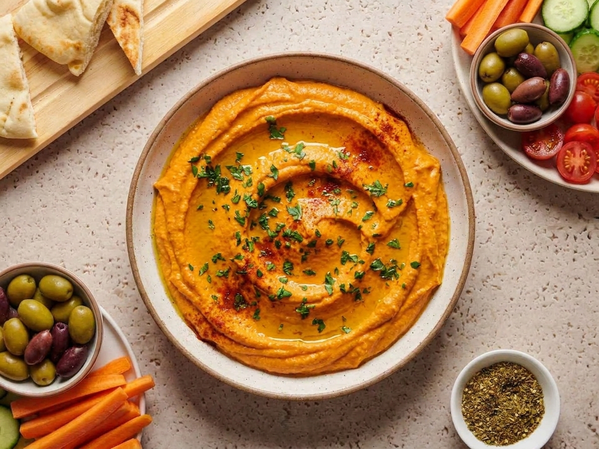A bowl of roasted red pepper hummus with a deep orange hue, topped with olive oil and chopped parsley on a rustic table