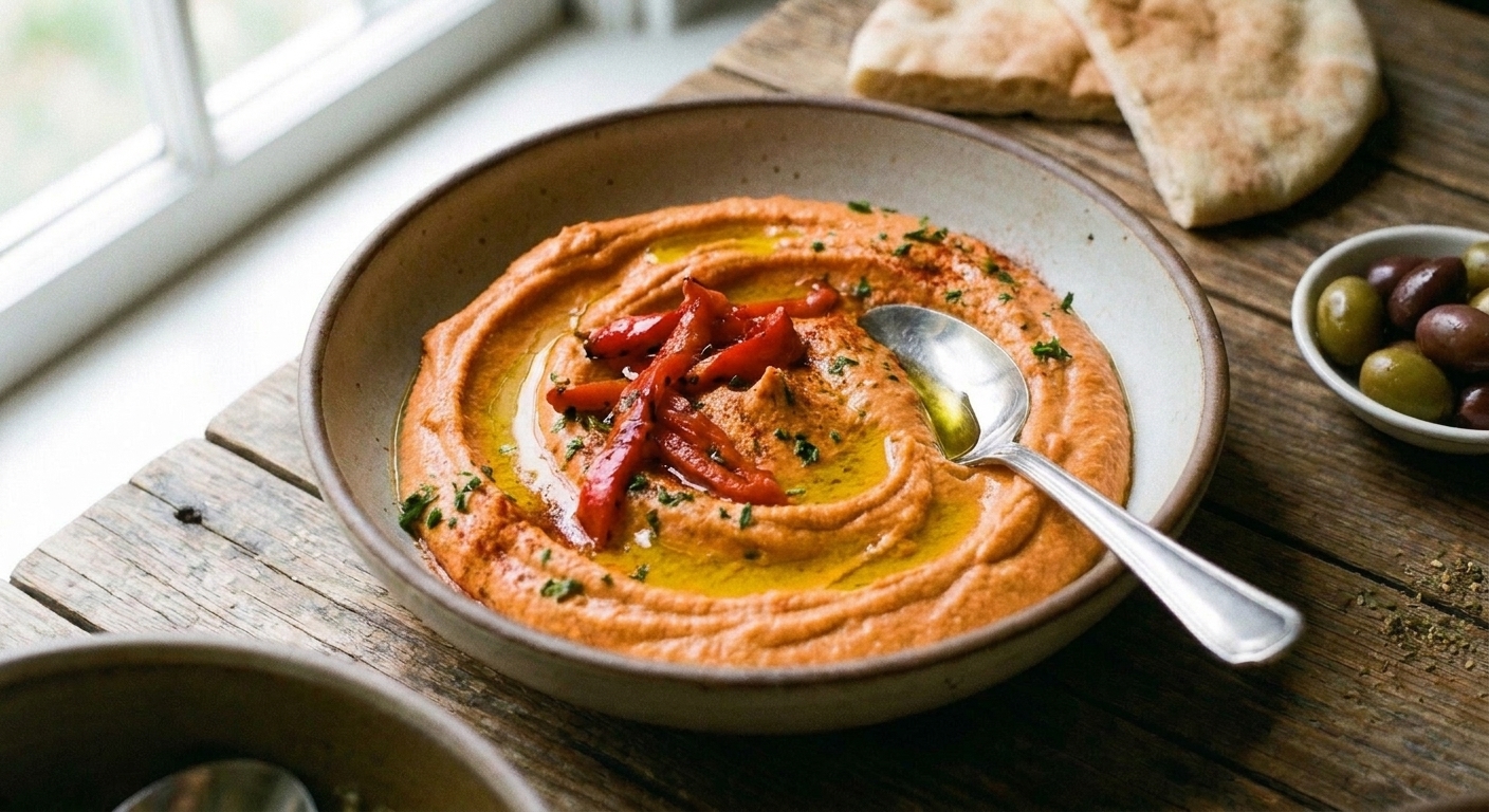 A bowl of roasted red pepper hummus with a smooth swirl, garnished with sliced roasted peppers and olive oil