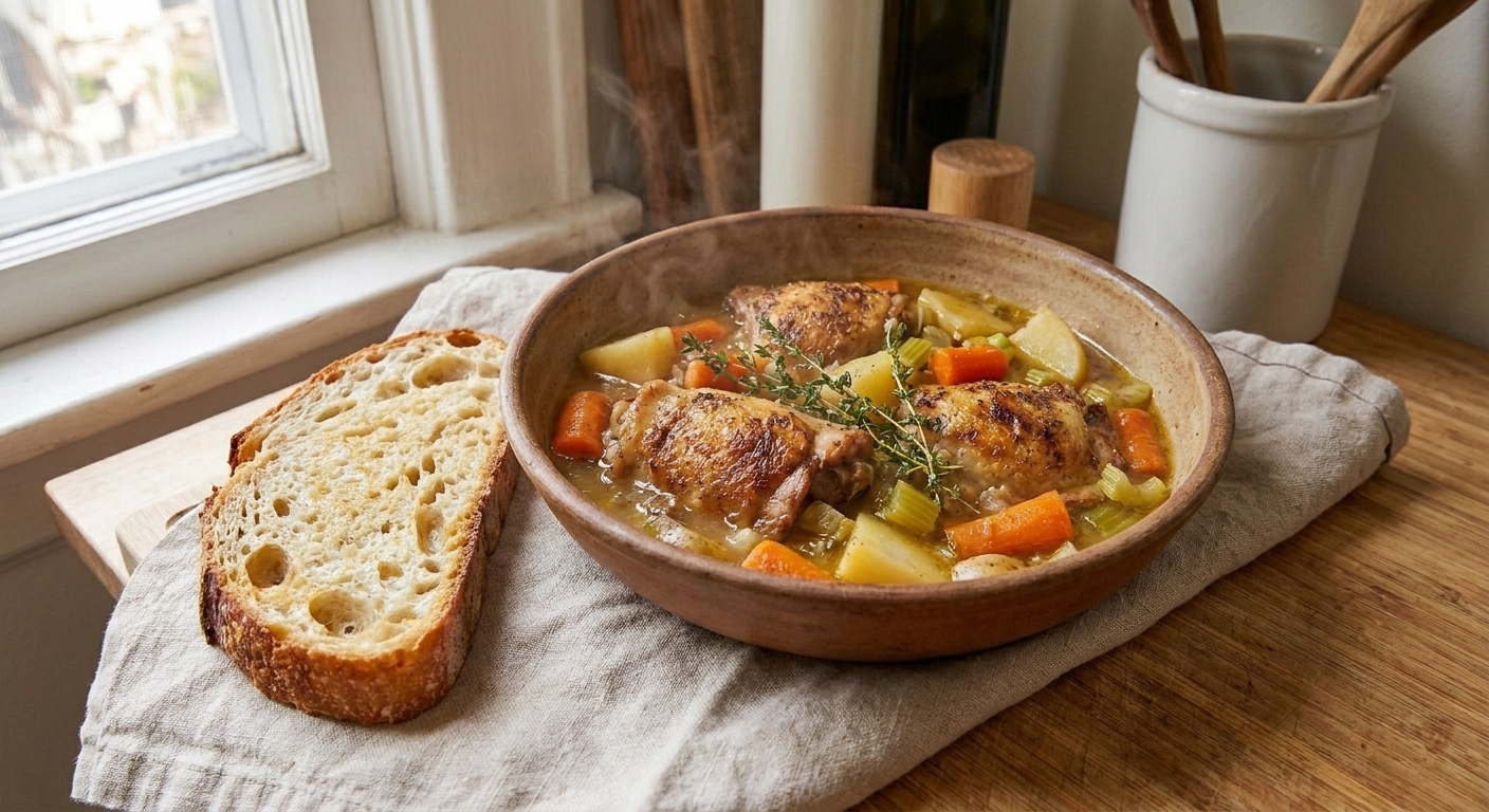 A bowl of rustic chicken stew served with a slice of crusty bread on a linen napkin on a wooden table