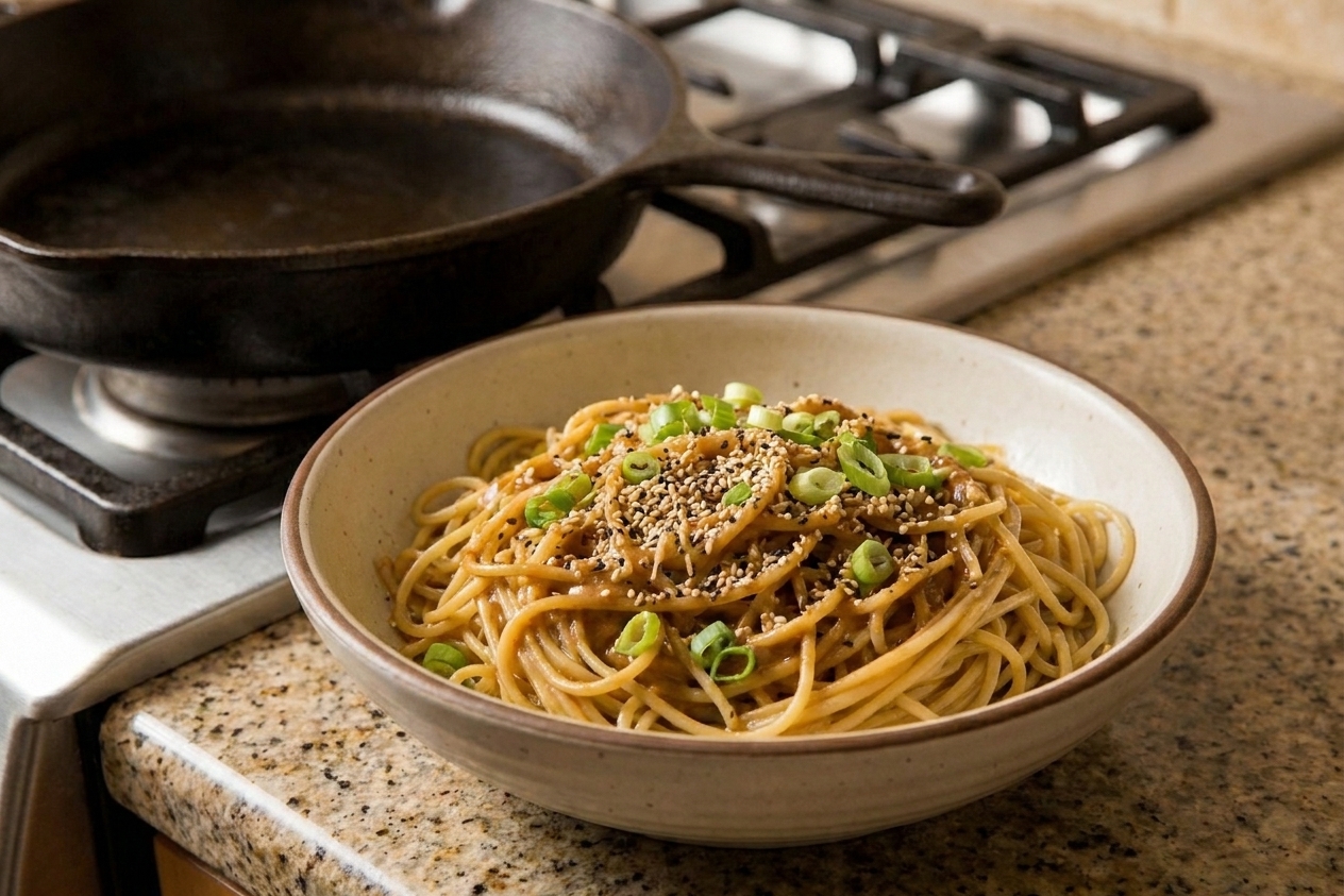 A bowl of saucy peanut noodles topped with sesame seeds and thinly sliced green onions