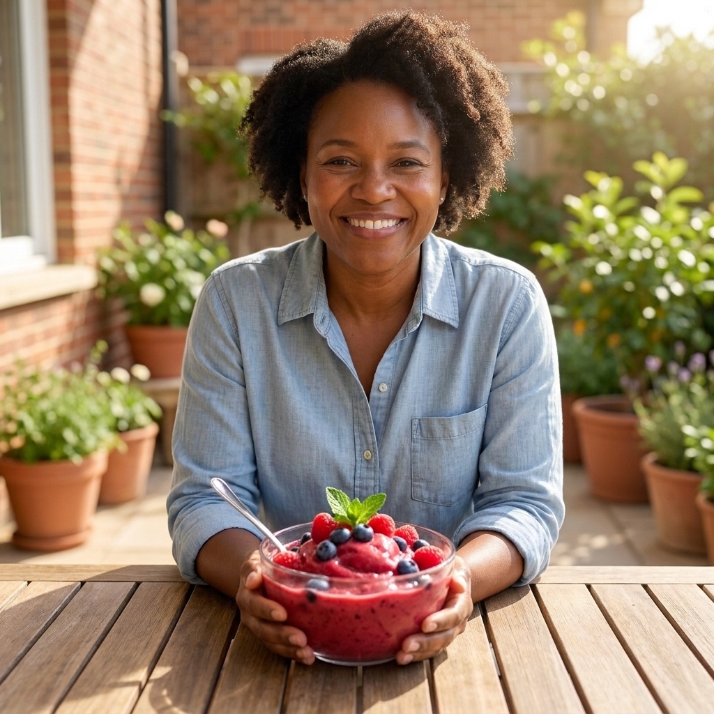 A bowl of smooth fruit sorbet made from blended frozen fruit, topped with fresh berries