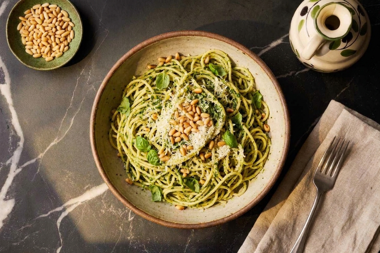 A bowl of spaghetti tossed with basil pesto, topped with grated Parmesan and toasted pine nuts on a simple dinner table