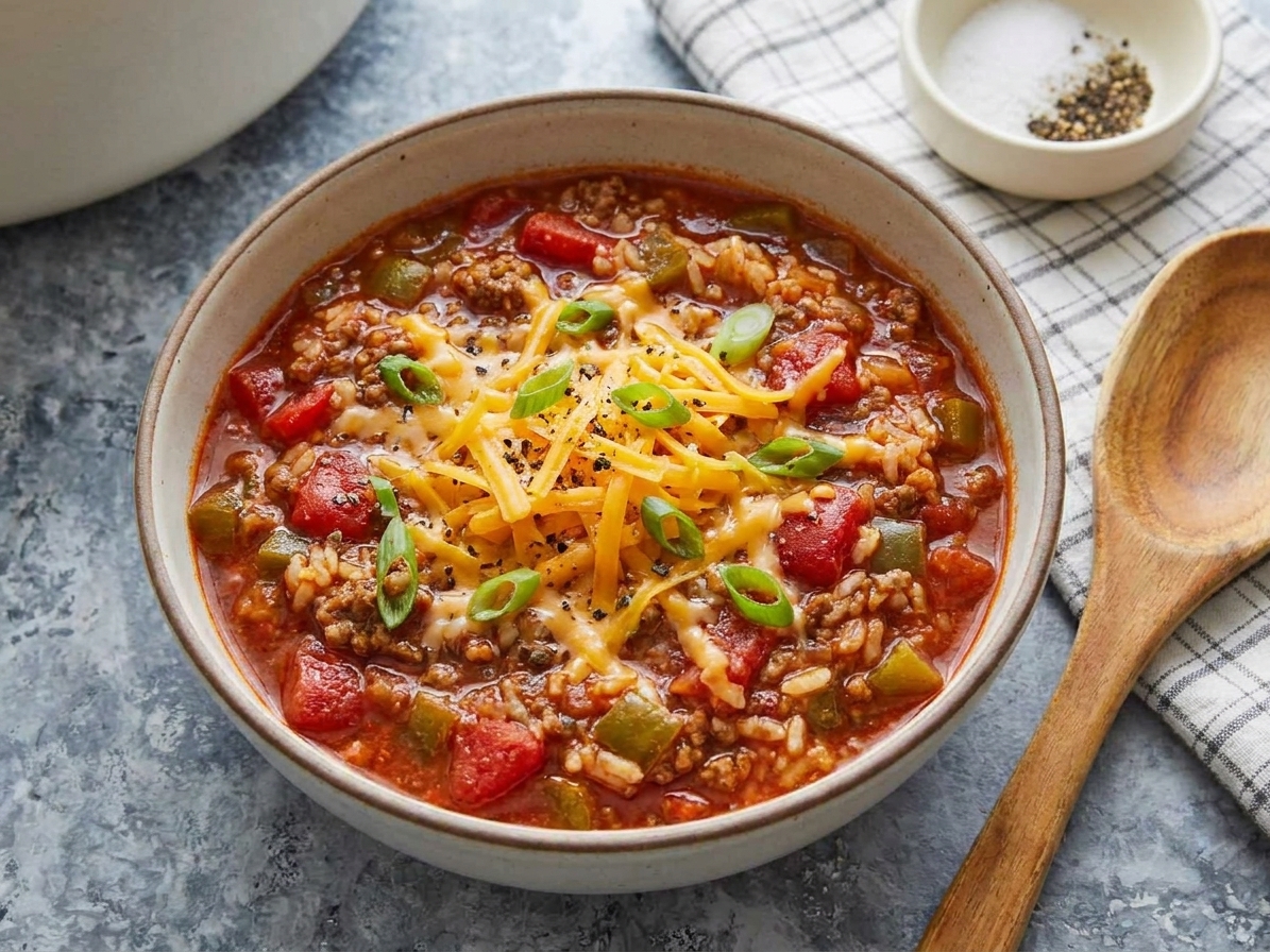 A bowl of stuffed pepper soup topped with shredded cheddar, sliced green onions, and cracked black pepper
