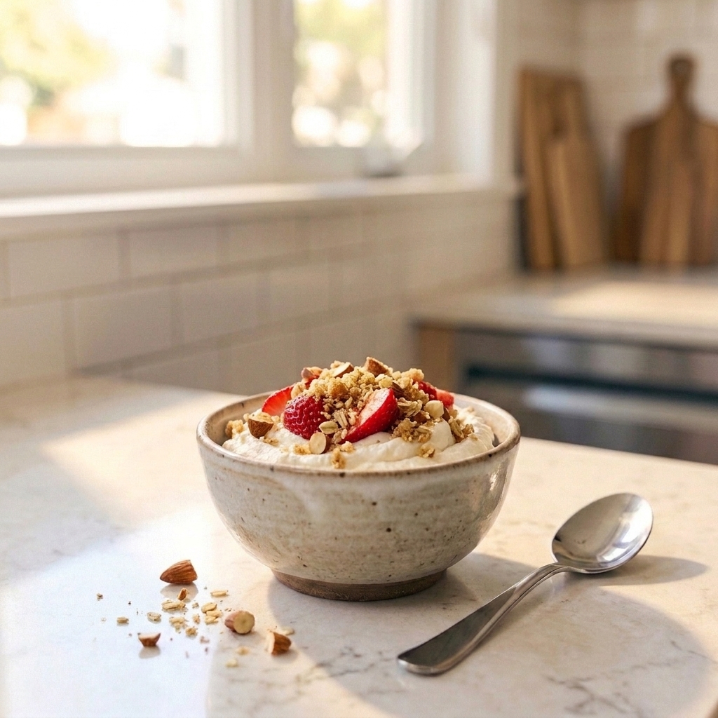 A bowl of thick Greek yogurt topped with sliced strawberries and a crumbly almond topping