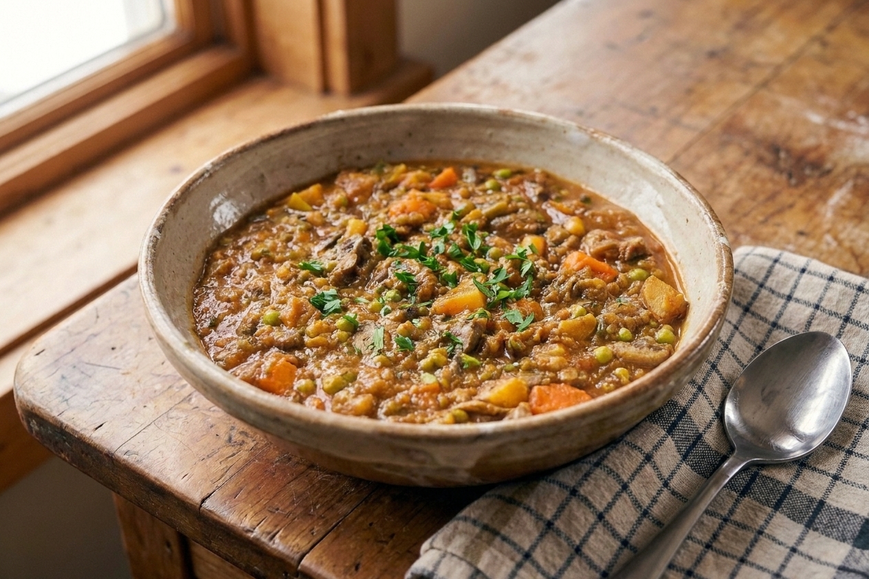 A bowl of thick beef stew garnished with chopped parsley on a wooden table with a spoon nearby