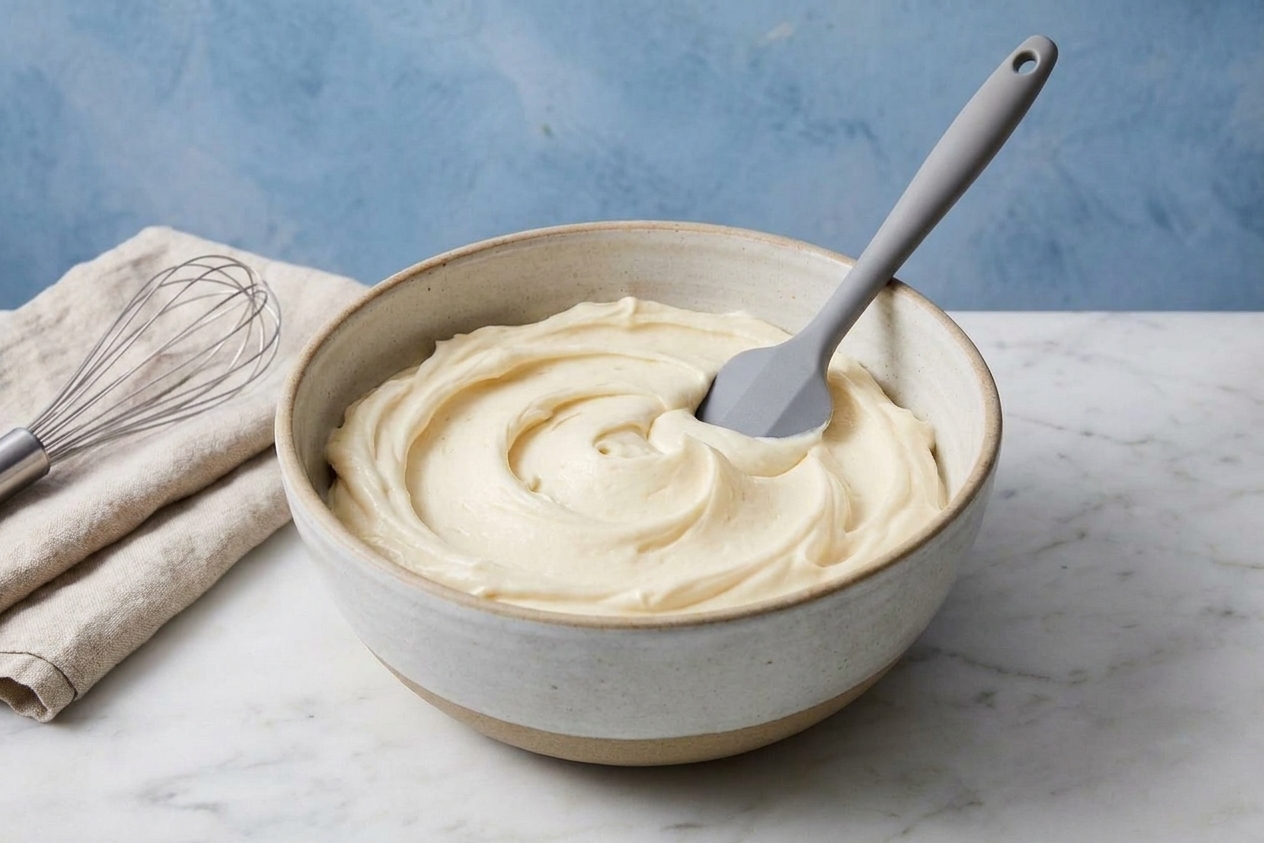 A bowl of thick cream cheese frosting with a spatula, sitting on a kitchen counter
