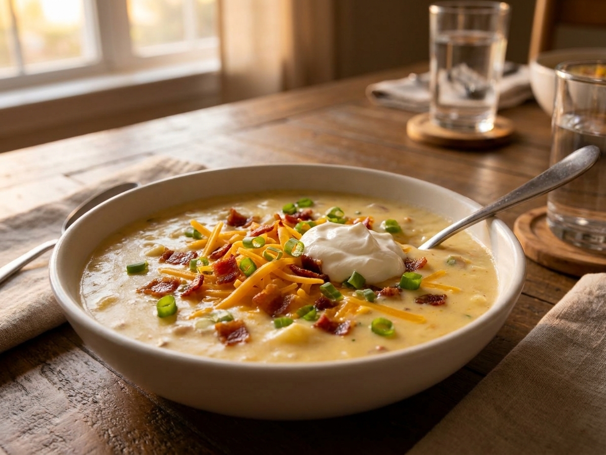 A bowl of thick potato soup topped with extra cheddar, bacon, and a dollop of sour cream on a cozy dinner table