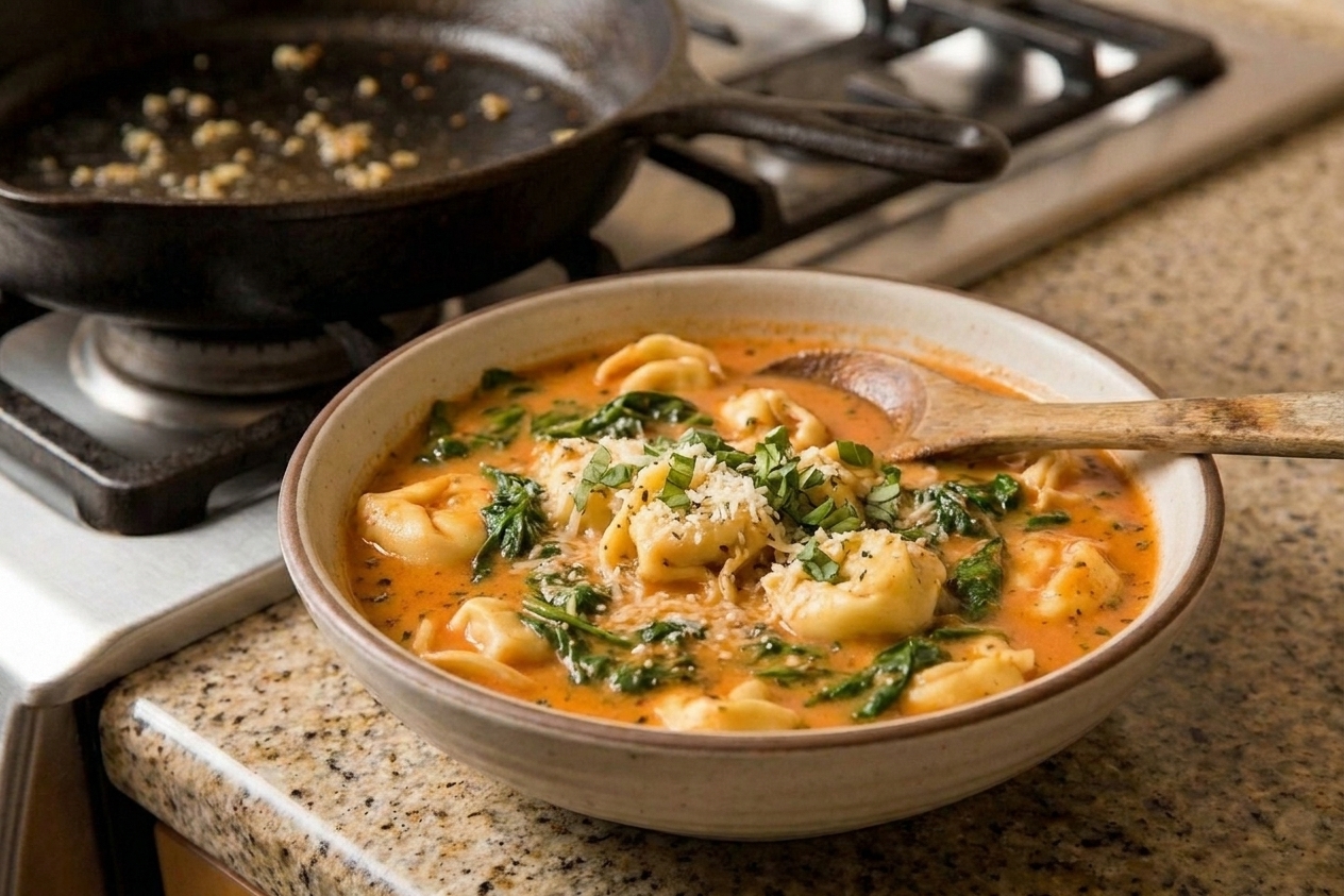 A bowl of tomato tortellini soup with visible cheese tortellini and wilted greens in a creamy red broth