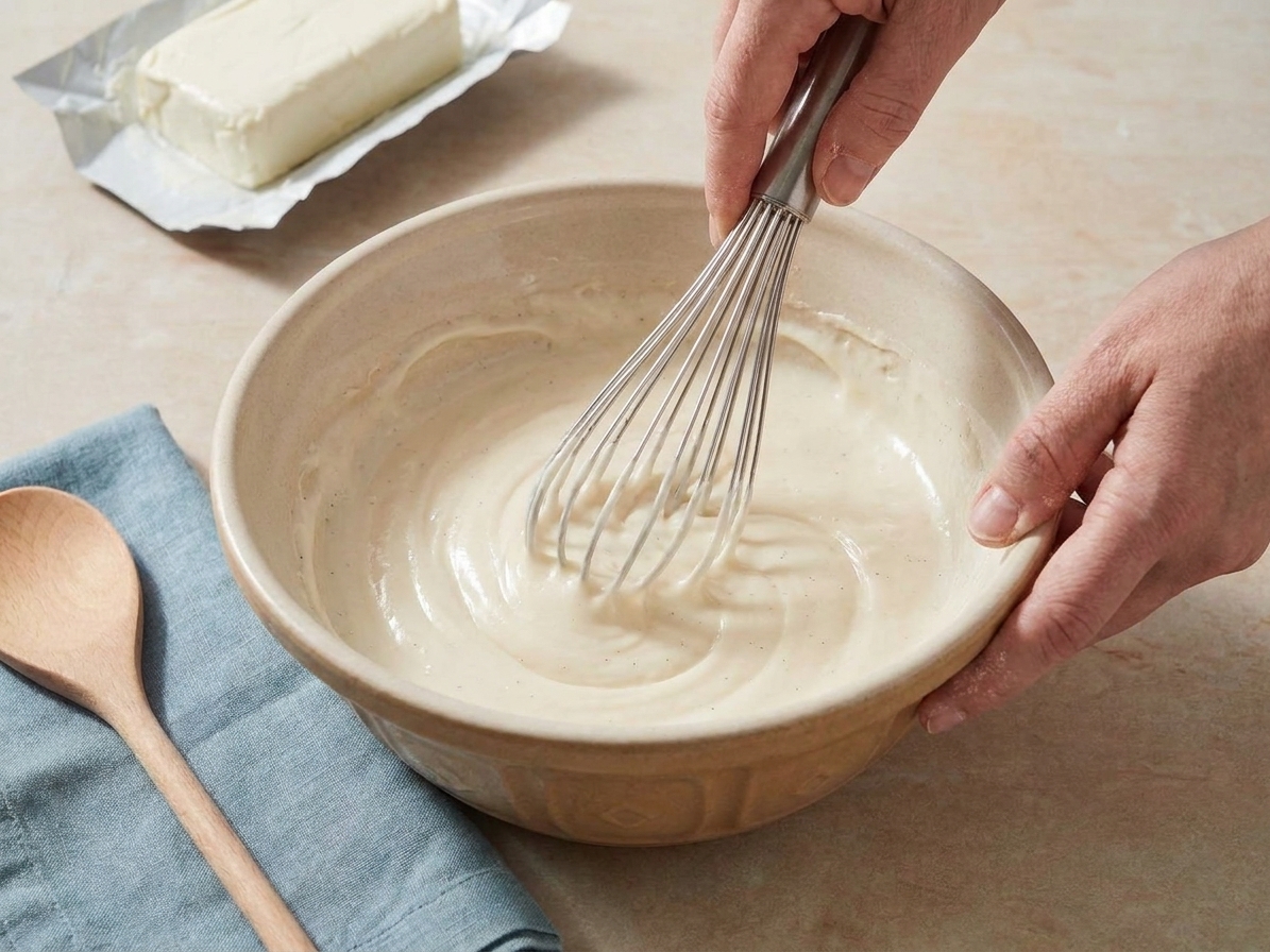 A bowl of vanilla cream cheese icing being whisked until smooth on a kitchen counter