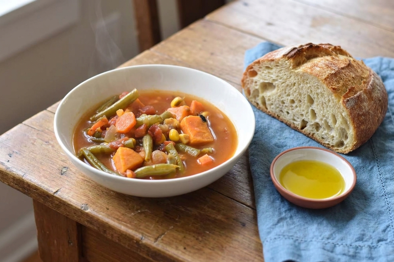 A bowl of vegetable soup served with a slice of crusty bread and a small dish of olive oil on a simple dinner table