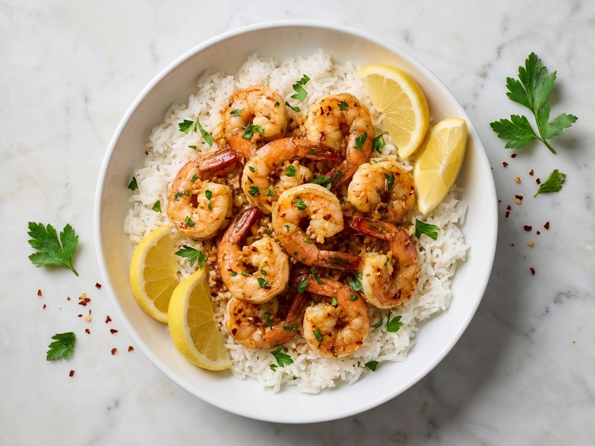 A bowl of zesty shrimp served over fluffy rice with lemon wedges and chopped parsley