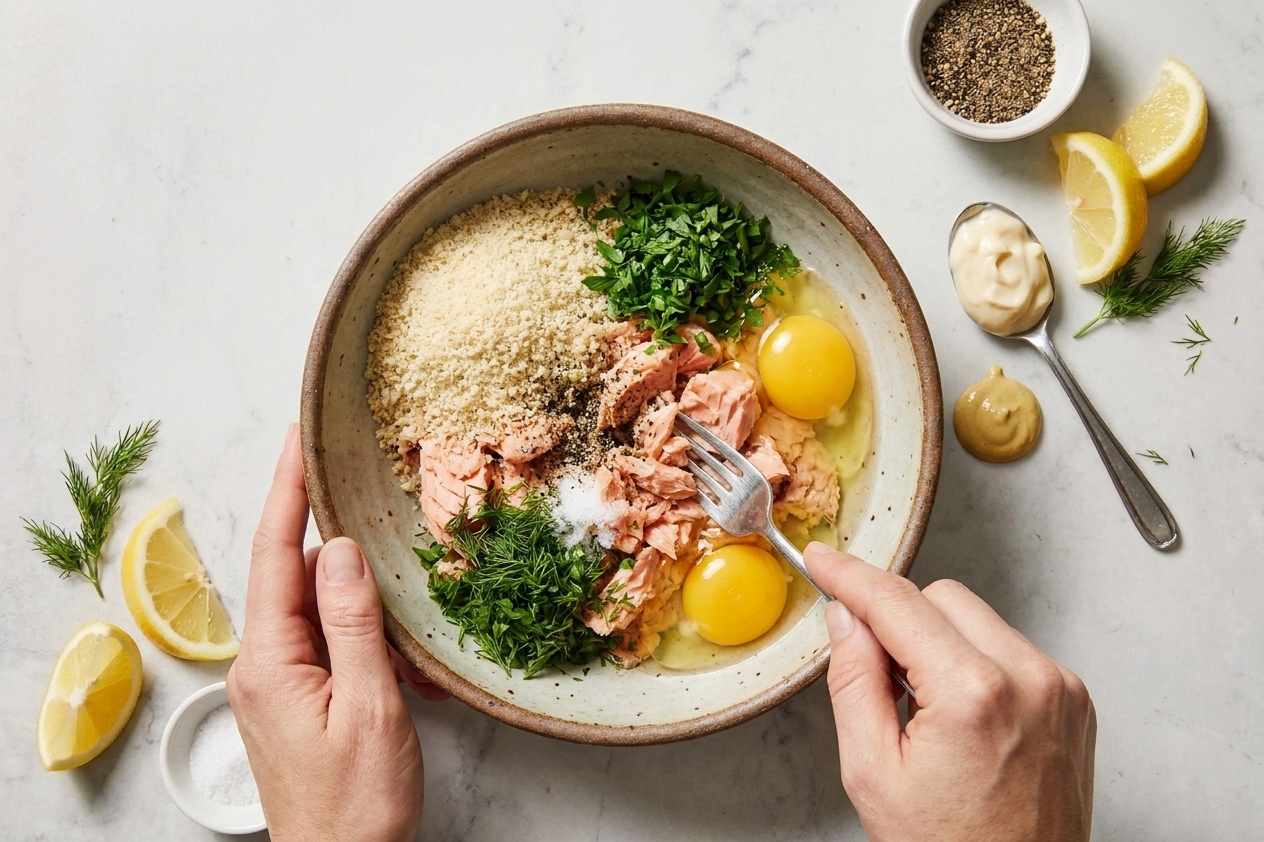 A bowl with flaked salmon, breadcrumbs, eggs, herbs, and seasonings being mixed with a fork on a kitchen counter