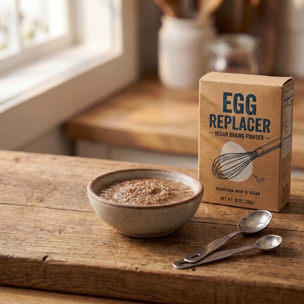 A boxed commercial egg replacer on a baking counter next to a small bowl of the mixed slurry and measuring spoons