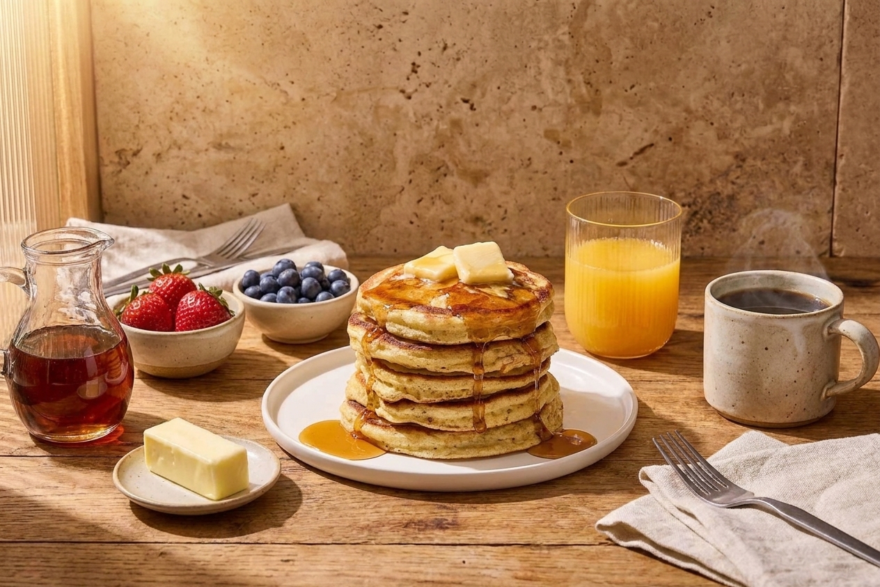 A breakfast table set for brunch with a stack of pancakes, maple syrup, butter, fresh berries, and coffee