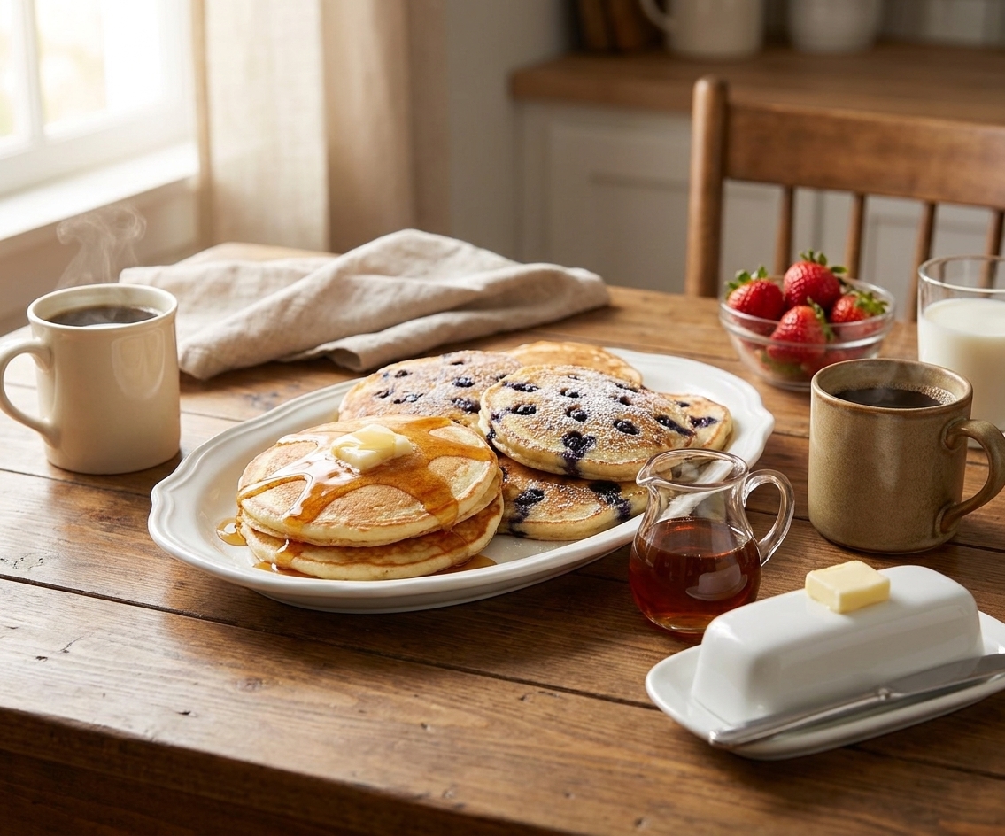 A breakfast table set with a platter of pancakes, a small pitcher of syrup, a butter dish, and mugs of coffee