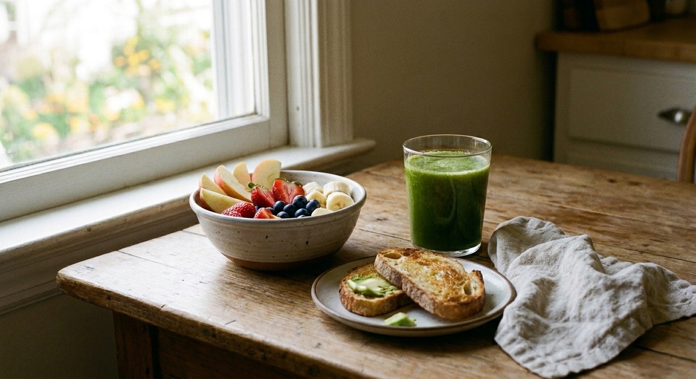 A breakfast table setting with a glass of green juice, a small plate of toast, and a bowl of fruit in soft morning light