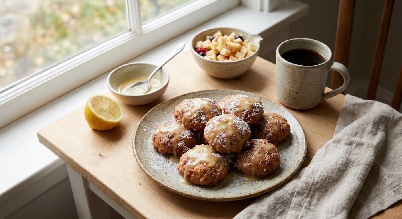 A breakfast table setting with a plate of apple fritters, a mug of coffee, and a small bowl of fruit in soft morning light