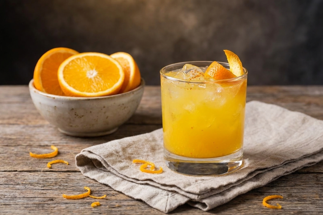 A bright citrus mocktail in a clear glass on a dinner table with a simple linen napkin and a small bowl of orange slices in the background