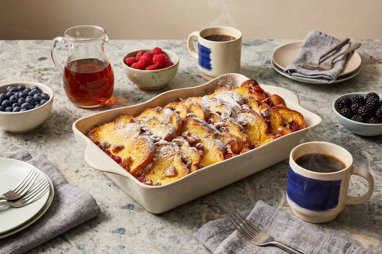 A brunch table setting with baked French toast in the center, small bowls of berries, a pitcher of maple syrup, and coffee mugs
