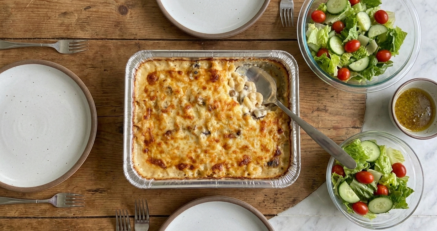 A bubbling baked casserole in a baking dish on a family dinner table with plates, serving spoon, and a simple green salad nearby
